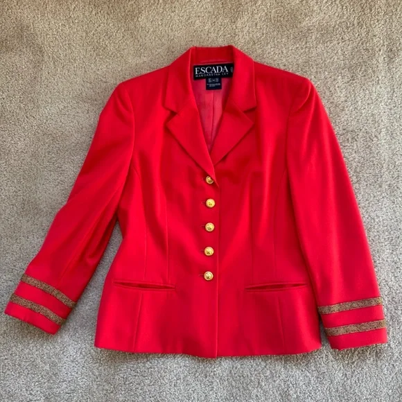 Escada Margaretha Ley Wool Vtg 80s 1980s Poppy Red Gold Nautical Blazer Jacket - Picture 5 of 14
